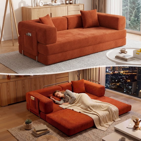 DILORA Convertible Sleeper Sofa Bed,Compressed Floor Boneless Couch,Modular Modern Corduroy Sofa for Living Room Bedroom,Easy Assembly(Orange)78.8''