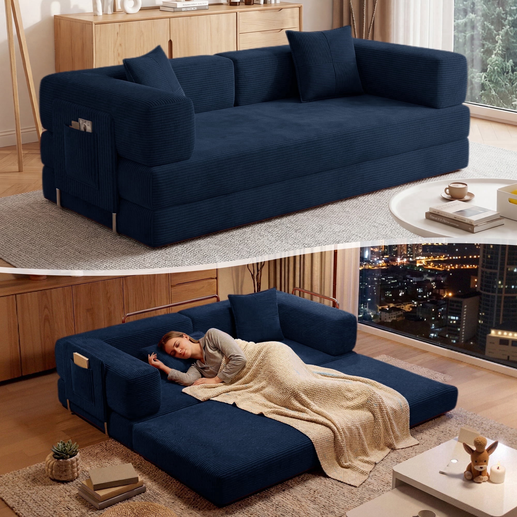 DILORA Convertible Sleeper Sofa Bed,Compressed Floor Boneless Couch,Modular Modern Corduroy Sofa for Living Room Bedroom,Easy Assembly(Bule)78.8''