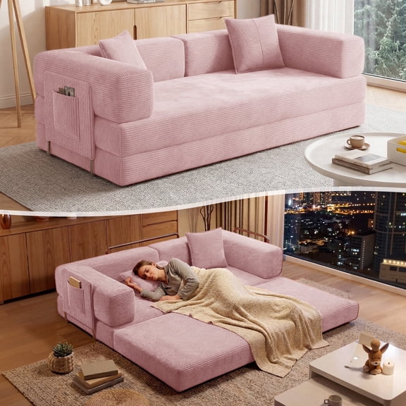 DILORA Convertible Sleeper Sofa Bed,Compressed Floor Boneless Couch,Modular Modern Corduroy Sofa for Living Room Bedroom,Easy Assembly(Pink)78.8''