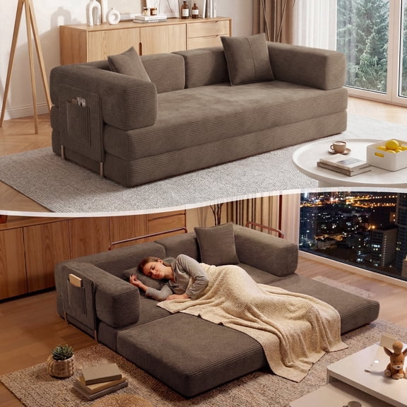 DILORA Convertible Sleeper Sofa Bed,Compressed Floor Boneless Couch,Modular Modern Corduroy Sofa for Living Room Bedroom,Easy Assembly(Brown)78.8''