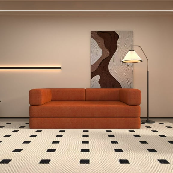 Convertible Sleeper Sofa Bed with Cylindrical Pillow, Corduroy Folding Mattress Couch with Fixed-Shape Frame, Floor Sofa Lounge Couch for Living Room Bedroom Lounge Studio (Orange Red)