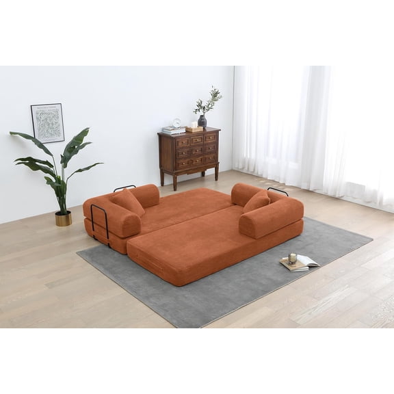 Convertible Sleeper Sofa Bed with Cylindrical Pillow - Corduroy Folding Mattress Couch with Fixed-Shape Frame for Living Room, Bedroom, Lounge, Studio (Black)