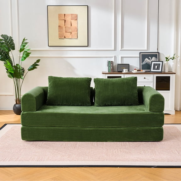 Convertible Sleeper Sofa Bed with Cylindrical Pillow - Corduroy Folding Mattress Couch with Fixed-Shape Frame for Living Room, Bedroom, Lounge, Studio-Jade