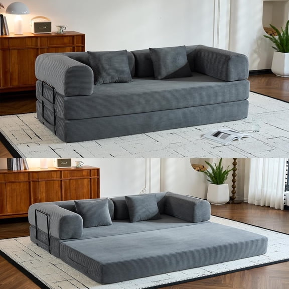 Convertible Sleeper Sofa Bed with Fixed-Shape Frame, Modern Corduroy Folding Boneless Couch with 2 Pillows, Floor Sofa Couch for Living Room, No Assembly Required, Grey