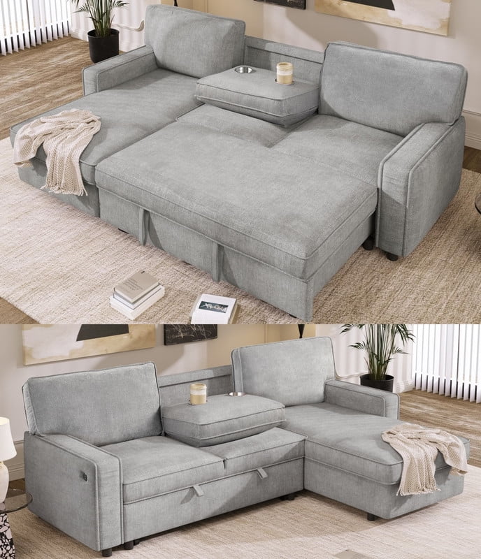 Convertible Sleeper Sofa Bed, L-Shaped Sectional Sofa Pull Out Couch with Storage Chaise & USB Ports, 89'' Sofa Couch with Cup Holder for Living Room Apartment