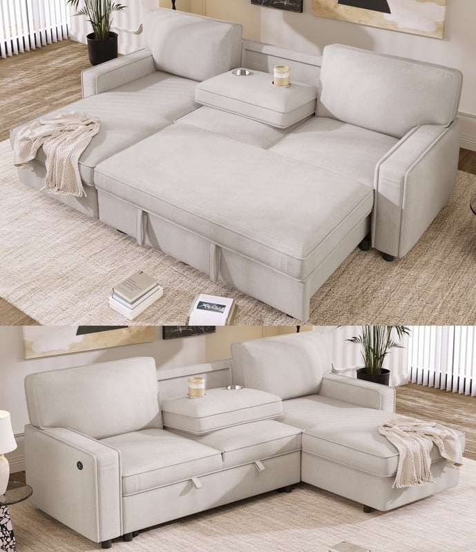 Convertible Sleeper Sofa Bed, L-Shaped Sectional Sofa Pull Out Couch with Storage Chaise & USB Ports, 89'' Sofa Couch with Cup Holder for Living Room Apartment