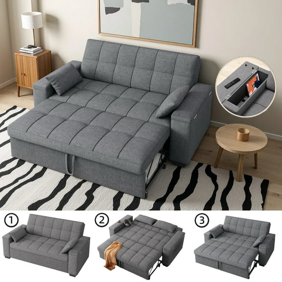 Lofka Futon Sofa Bed, Convertible Loveseat Recliner Sleeper with Adjustable Backrest & Wide Storage Side Pocket, Perfect for Living Room|Office, Linen Fabric,Dark Gray