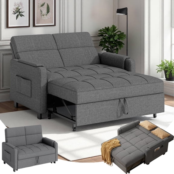 50" Sofa Bed, Lofka 3 in 1 Convertible Sleeper Loveseat, Pull Out Couches with Adjustable Backrest for Living Room Apartment, Linen, Dark Gray