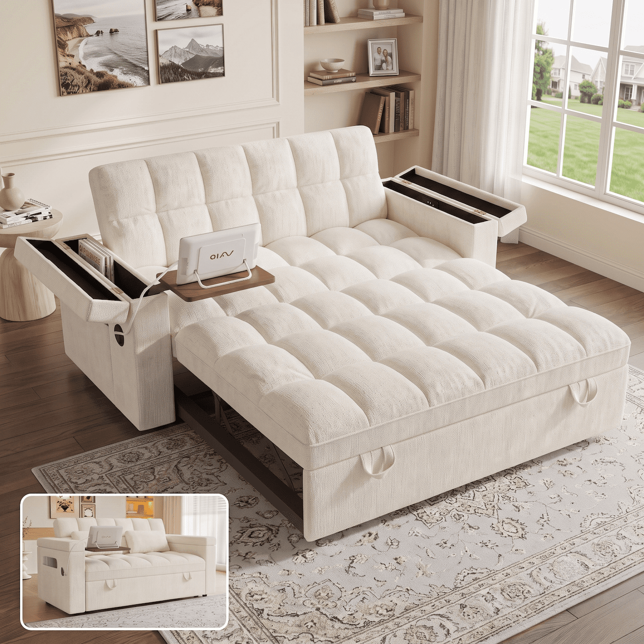 Xiweot 65" Sleeper Sofa Bed, 3-in-1 Convertible Chenille Futon Couch, Loveseat Sofa with Adjustable Backrest, Pull out Couch with Storage Armrest & Pillows for Living Room Apartment (Biege)
