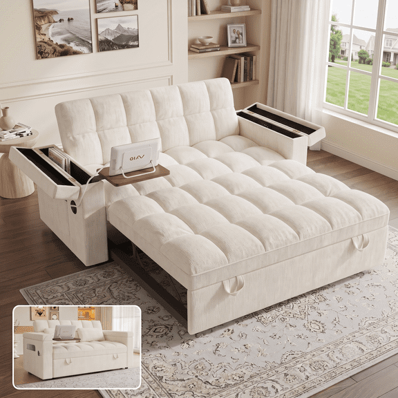 Xiweot 65" Sleeper Sofa Bed, 3-in-1 Convertible Chenille Futon Couch, Loveseat Sofa with Adjustable Backrest, Pull out Couch with Storage Armrest & Pillows for Living Room Apartment (Biege)
