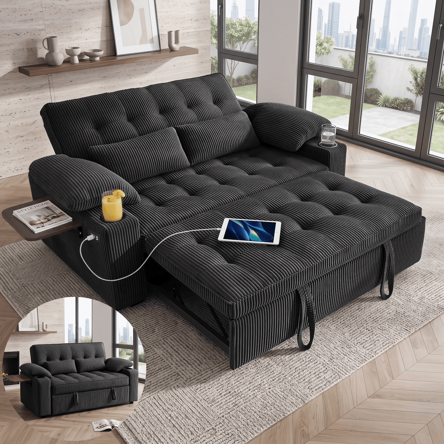 58" Convertible Sleeper Sofa Bed, Full Size Pull Out Couch with USB Charging, Cup Holders, Side Table, Adjustable Backrest, Corduroy Loveseat for Living Room, Apartment, Office (Black)