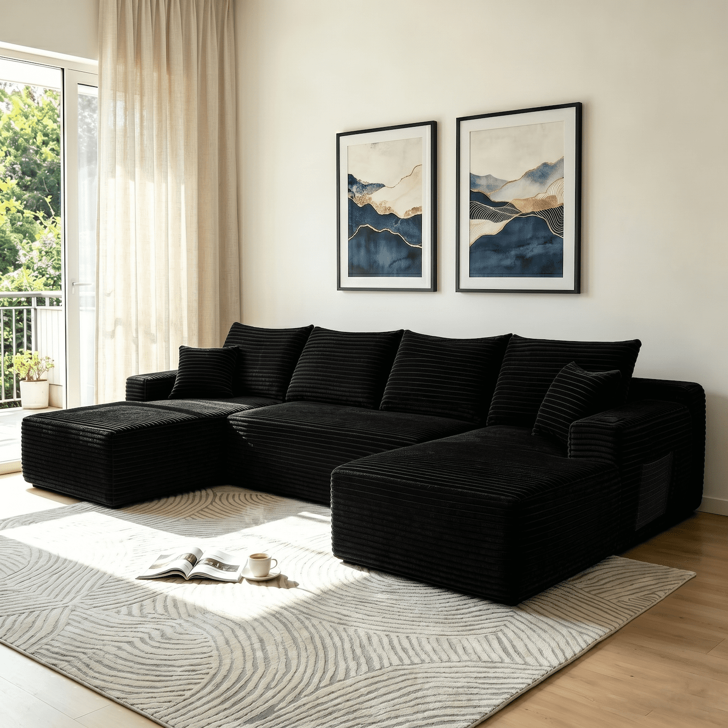 Xiweot Cloud Couch Modular Sectional Sofa for Living Room, 134" Oversized U Shaped Boneless Couch with Cup Holder & Storage Pocket, Corduroy Comfy Upholstered Deep Seat Sofa for Apartment, Black