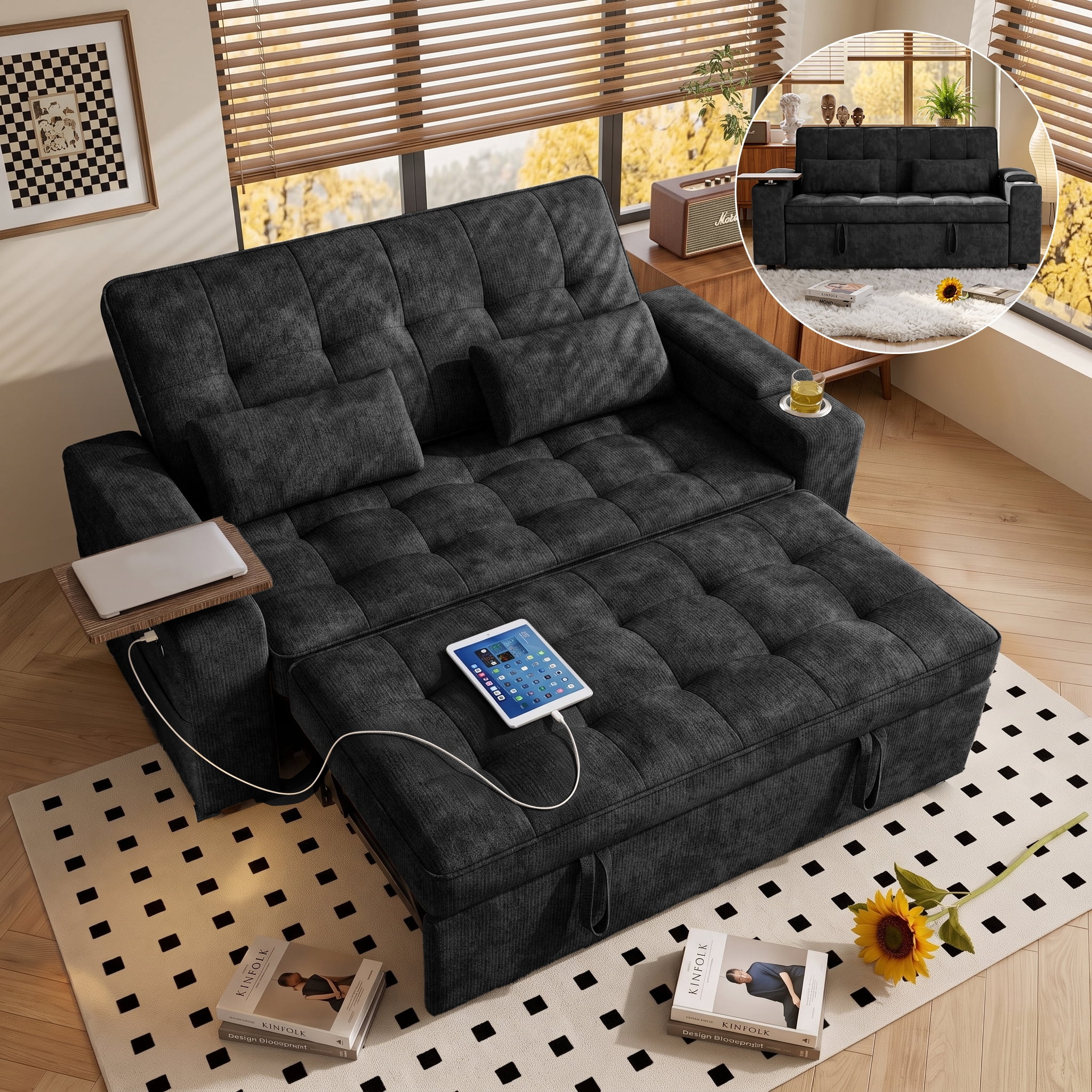 Xiweot 65" Sleeper Sofa Bed, 3-in-1 Convertible Chenille Futon Couch, Loveseat Sofa with Adjustable Backrest, Pull out Couch with Storage Armrest, Table & Pillows for Living Room Apartment (Black)