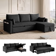 Xiweot Convertible Sectional Sleeper Sofa Bed, 85" L Shaped Couch with Pull Out Bed, Side Pockets & Storage Chaise, Corduroy 3 Seater Sectional Couch for Living Room Apartment Black
