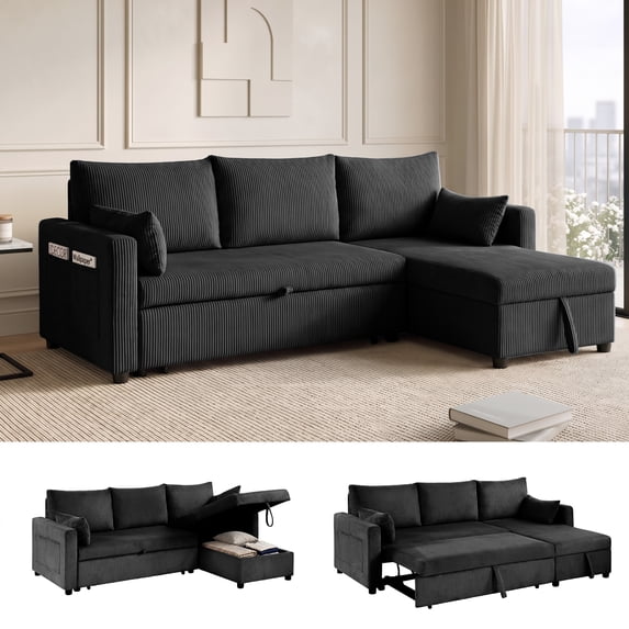 Xiweot Convertible Sectional Sleeper Sofa Bed, 85" L Shaped Couch with Pull Out Bed, Side Pockets & Storage Chaise, Corduroy 3 Seater Sectional Couch for Living Room Apartment (Black)