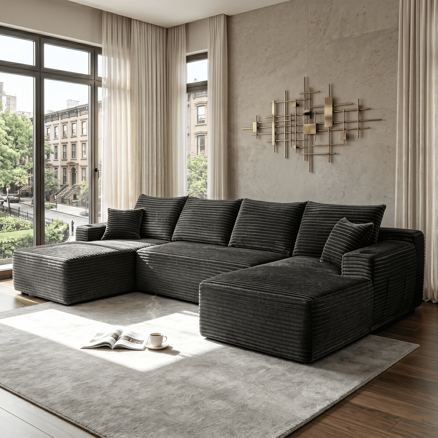 Xiweot Cloud Couch Modular Sectional Sofa for Living Room, 134" Oversized U Shaped Boneless Couch with Cup Holder & Storage Pocket, Corduroy Comfy Upholstered Deep Seat Sofa for Apartment, Dark Grey
