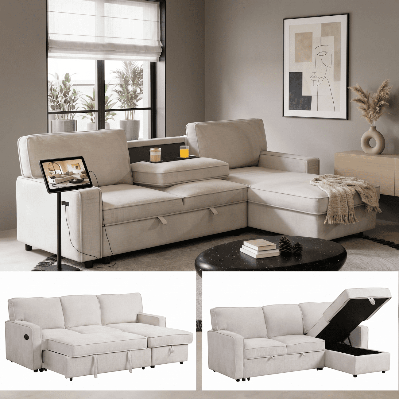 L Shaped Sleeper Sofa Bed with Pull Out Couch, Sectional Sofa with Storage, Flip Down Console Cup Holders & Charging Ports, Chenille 3 Seat Convertible Couch for Living Room Apartment (Beige)