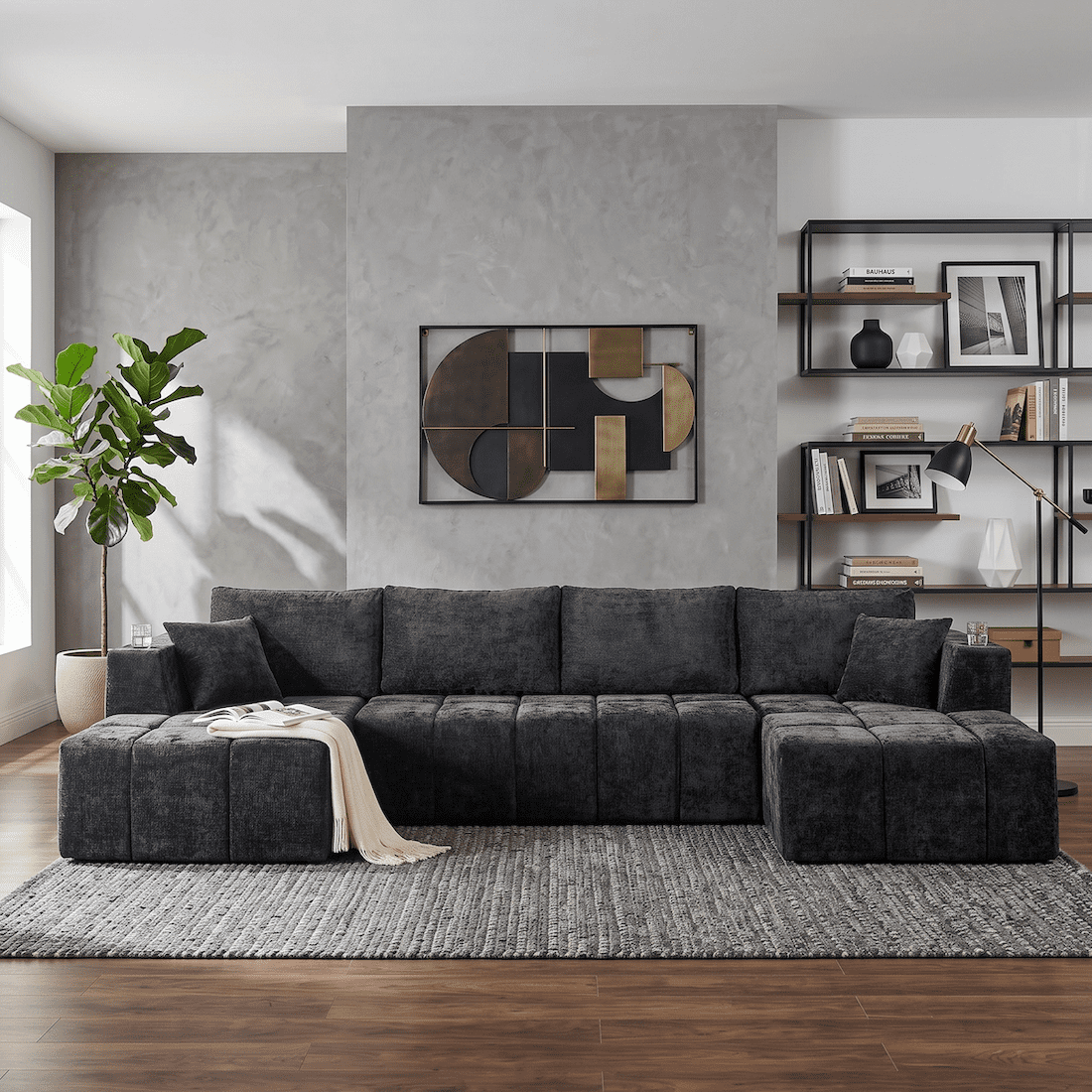 132" Modular Cloud Couch Sectional Sofa, U-Shaped Chenille Sectional with Double Chaise, Cup Holders & Side Pockets, Modern Oversized Sofa for Living Room, No Assembly, Black