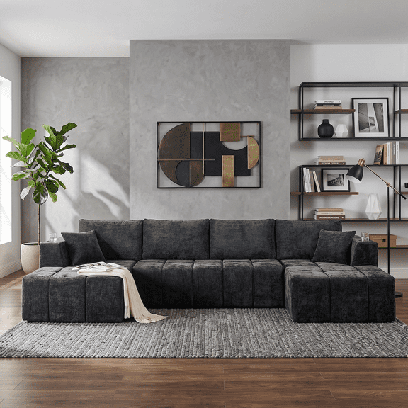 132" Modular Cloud Couch Sectional Sofa, U-Shaped Chenille Sectional with Double Chaise, Cup Holders & Side Pockets, Modern Oversized Sofa for Living Room, No Assembly, Black