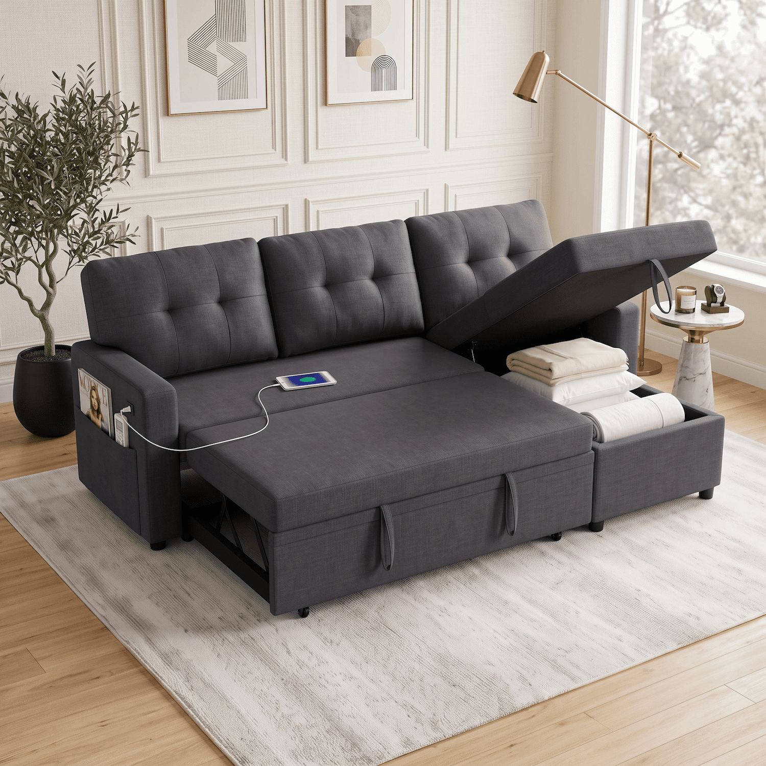 Xiweot Sectional Sleeper Sofa Bed 82" Convertible L Shaped Couch with Storage Chaise, USB Ports & Side Pockets, Compact Linen Pull Out Sofa for Living Room Apartment Recreational Vehicle, Dark Gray