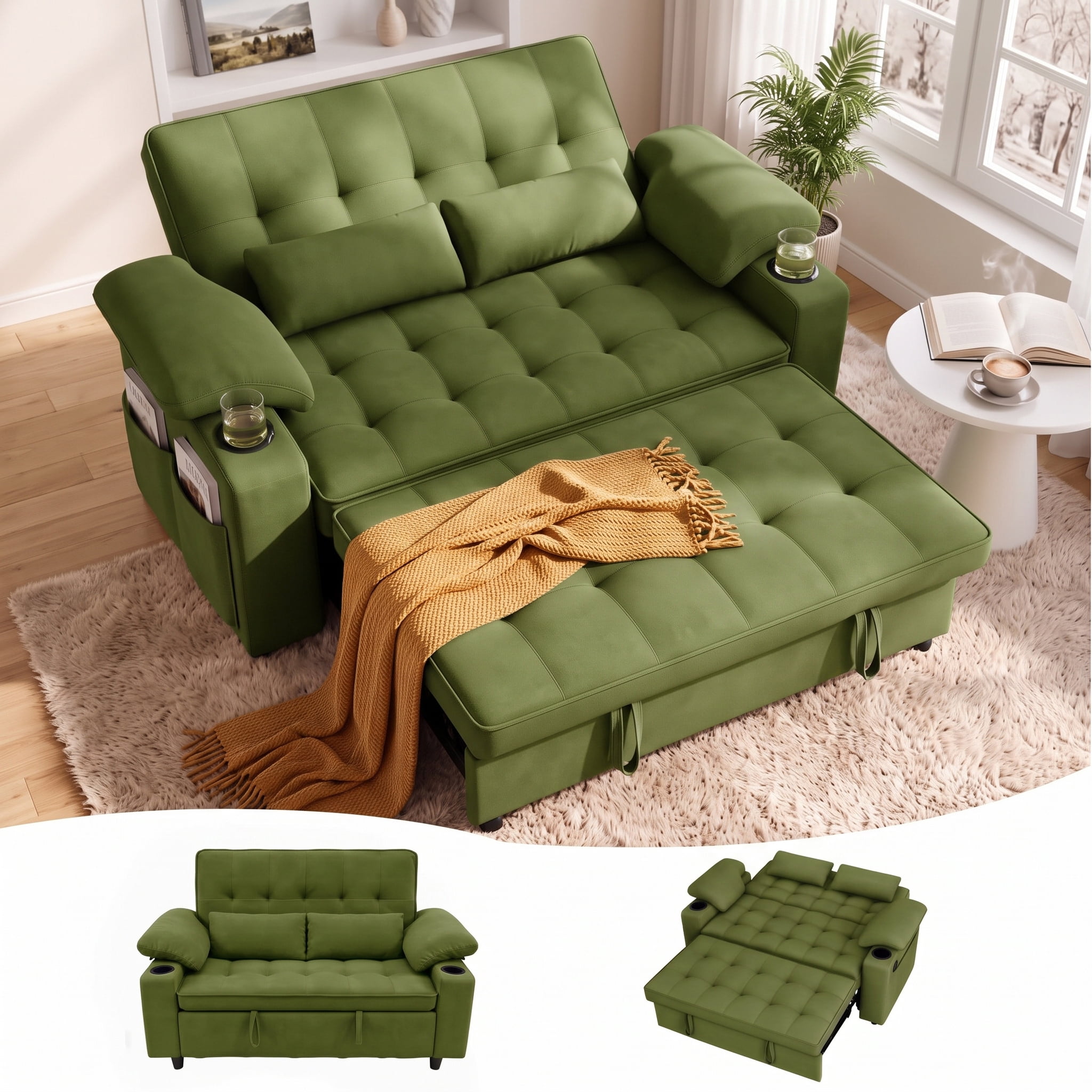 Xiweot 58" Convertible Sleeper Sofa Bed, Full Size Pull Out Couch with USB Charger, Cup Holders, Adjustable Backrest & Side Pocket, Teddy Fabric Loveseat for Living Room Small Space (Green)