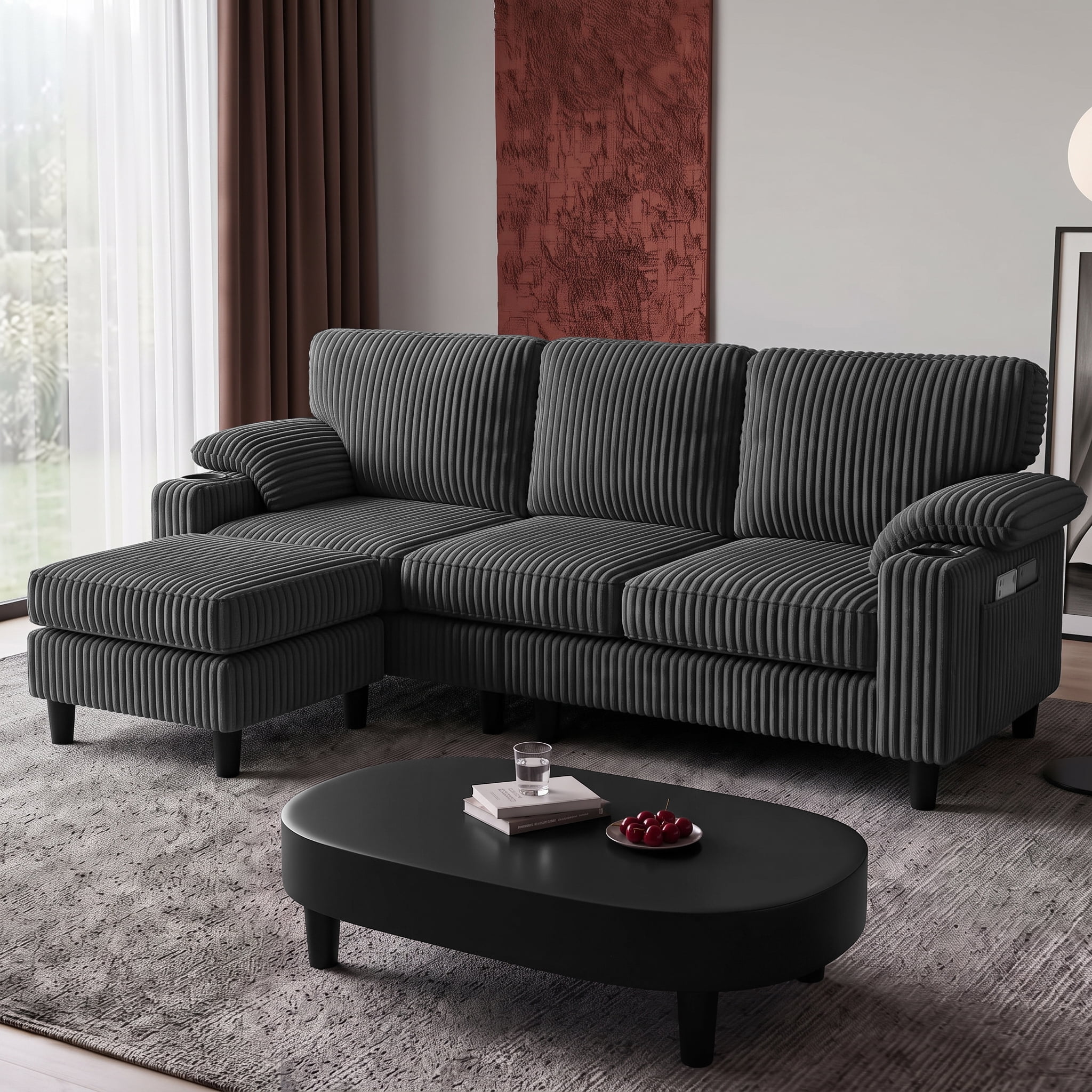 Xiweot 80" L Shaped Sectional Sofa, 3 Seater Convertible Couch with Storage Ottoman, Charging Ports & Cup Holders, Corduroy Comfy Upholstered Sofa for Living Room Apartment, Dark Gray