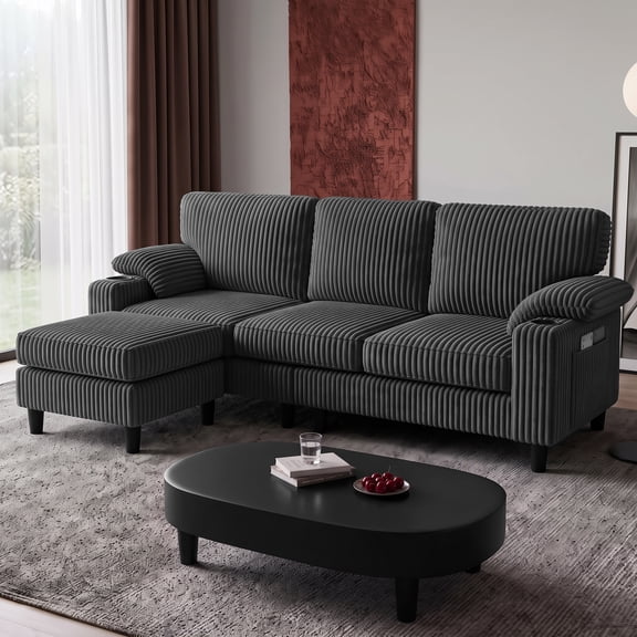 Xiweot 80" L Shaped Sectional Sofa, 3 Seater Convertible Couch with Storage Ottoman, Charging Ports & Cup Holders, Corduroy Comfy Upholstered Sofa for Living Room Apartment, Dark Gray