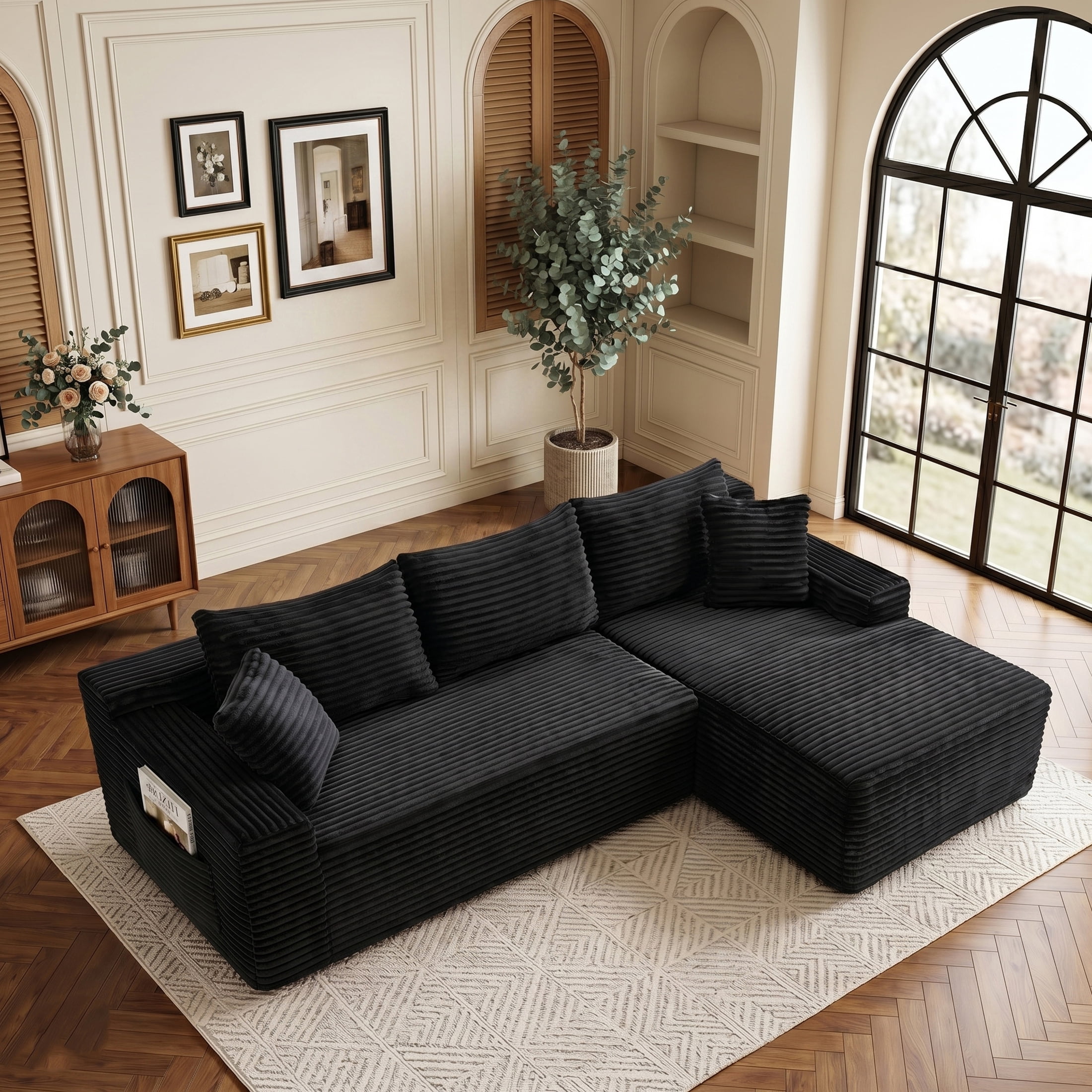 Xiweot 106" Cloud Sectional Sofa Deep Seat Boneless Couch L-Shaped Modular Couch, Modern Right Chaise Corduroy Upholstered Sofa with Side Pockets for Living Room, Gray