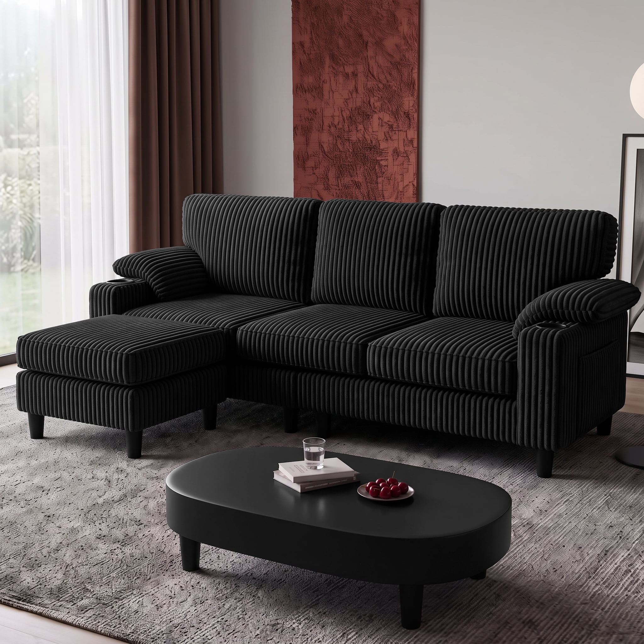 Xiweot 80" L Shaped Sectional Sofa, 3 Seater Convertible Couch with Storage Ottoman, Charging Ports & Cup Holders, Corduroy Comfy Upholstered Sofa for Living Room Apartment, Black