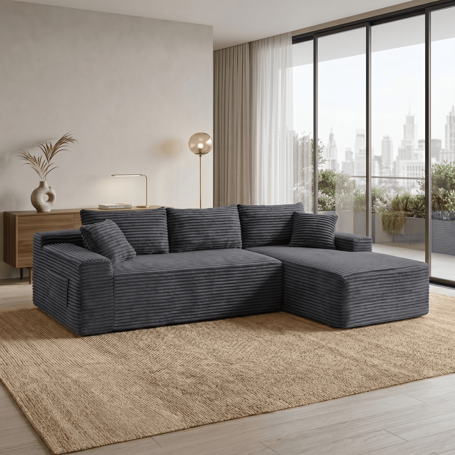 Xiweot 95" Cloud Sectional Sofa Deep Seat Boneless Couch L-Shaped Modular Couch, Modern Right Chaise Corduroy Upholstered Sofa with Side Pockets for Living Room, Gray