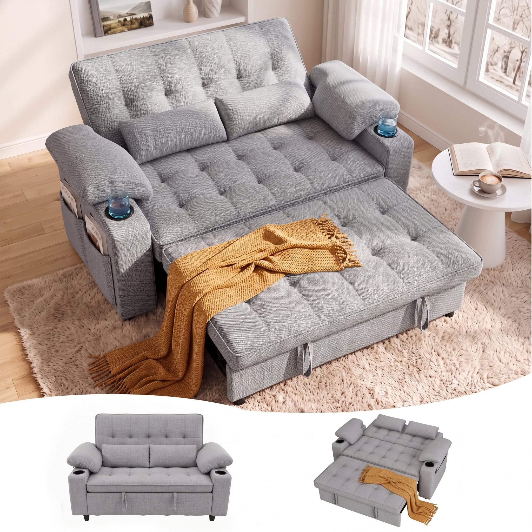 Xiweot 58" Convertible Sleeper Sofa Bed, Full Size Pull Out Couch with USB Charger, Cup Holders, Adjustable Backrest & Side Pocket, Teddy Fabric Loveseat for Living Room Small Space (Light Gray)