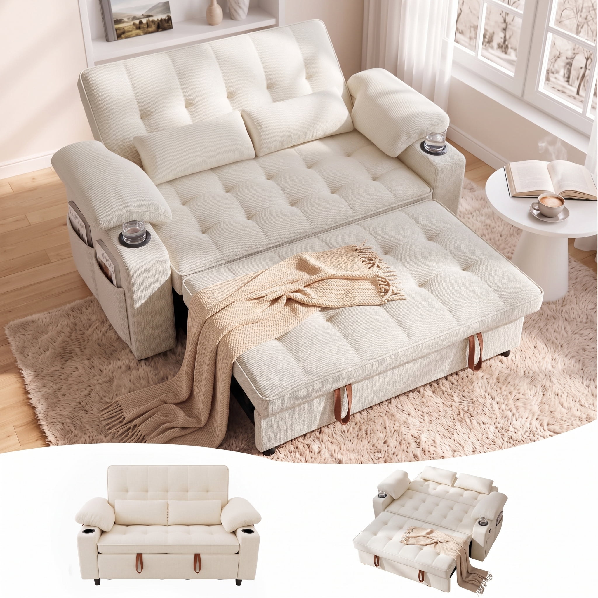 Xiweot 58" Convertible Sleeper Sofa Bed, Full Size Pull Out Couch with USB Charger, Cup Holders, Adjustable Backrest & Side Pocket, Teddy Fabric Loveseat for Living Room Small Space (Beige)