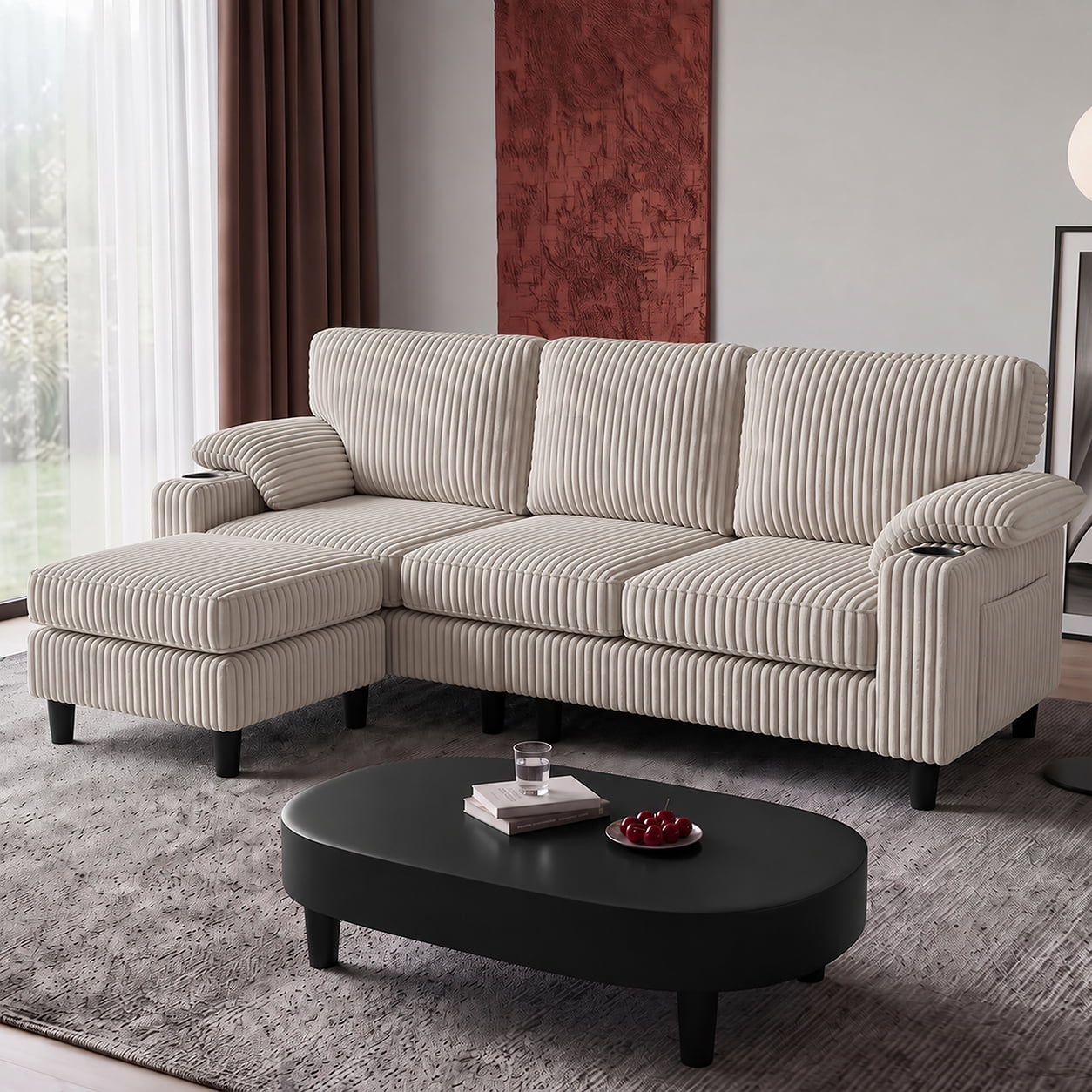Xiweot 80" L Shaped Sectional Sofa, 3 Seater Convertible Couch with Storage Ottoman, Charging Ports & Cup Holders, Corduroy Comfy Upholstered Sofa for Living Room Apartment, Beige