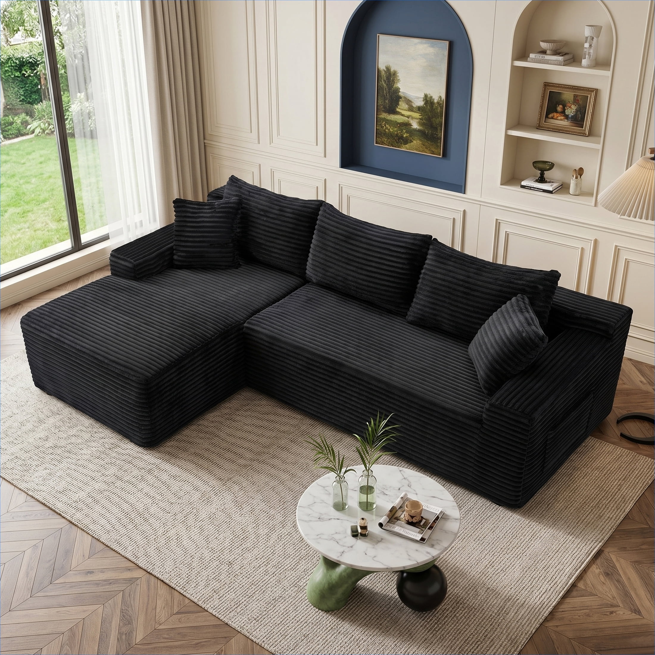 Xiweot 95" Cloud Sectional Sofa Deep Seat Boneless Couch L-Shaped Modular Couch, Modern Left Chaise Corduroy Upholstered Sofa with Side Pockets for Living Room, Black