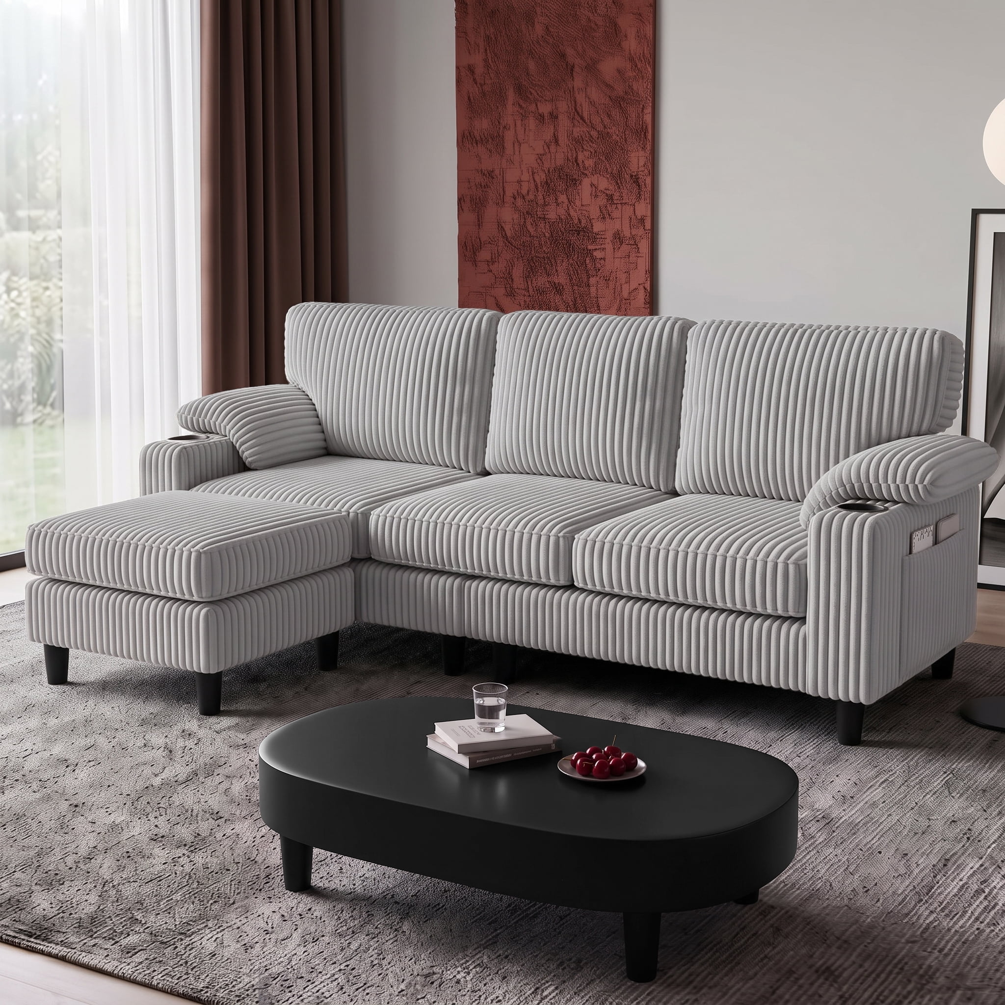 Xiweot 80" L Shaped Sectional Sofa, 3 Seater Convertible Couch with Storage Ottoman, Charging Ports & Cup Holders, Corduroy Comfy Upholstered Sofa for Living Room Apartment, Light Gray