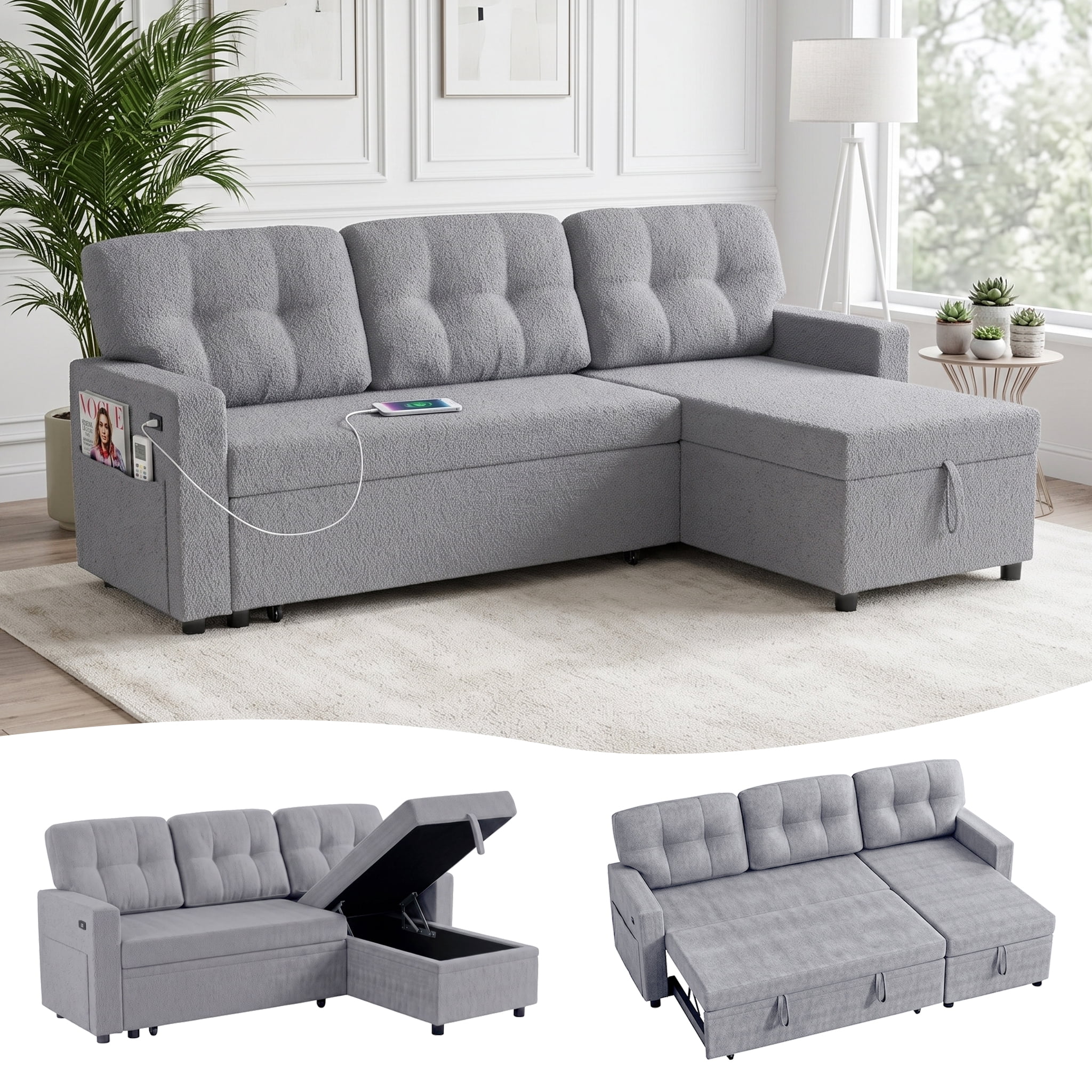 Xiweot Convertible Sleeper Sofa Bed, 82" L Shaped Sectional Couch with Pull Out Bed, Storage Chaise & Reversible Lounge, Teddy Fabric Compact Sectional Sofa for Living Room Apartment (Ligth Grey)