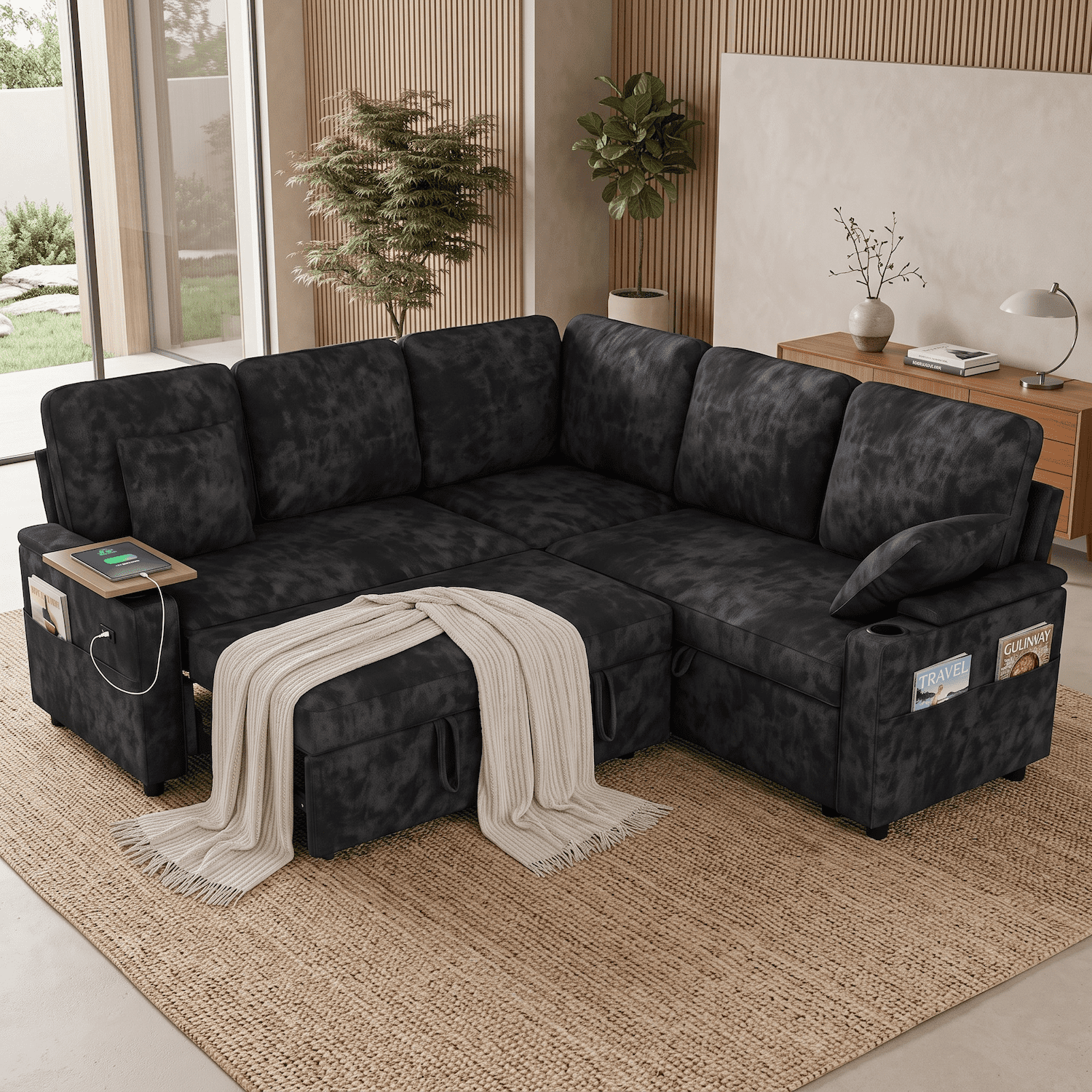 Xiweot 81" Modular Sectional Sleeper Sofa with Pull Out Couch, L Shaped Sofa Bed with Storage, Adjustable Backrest, USB Ports & Small Table, 5 Seaters Chenille Sofa for Living Room (Black)