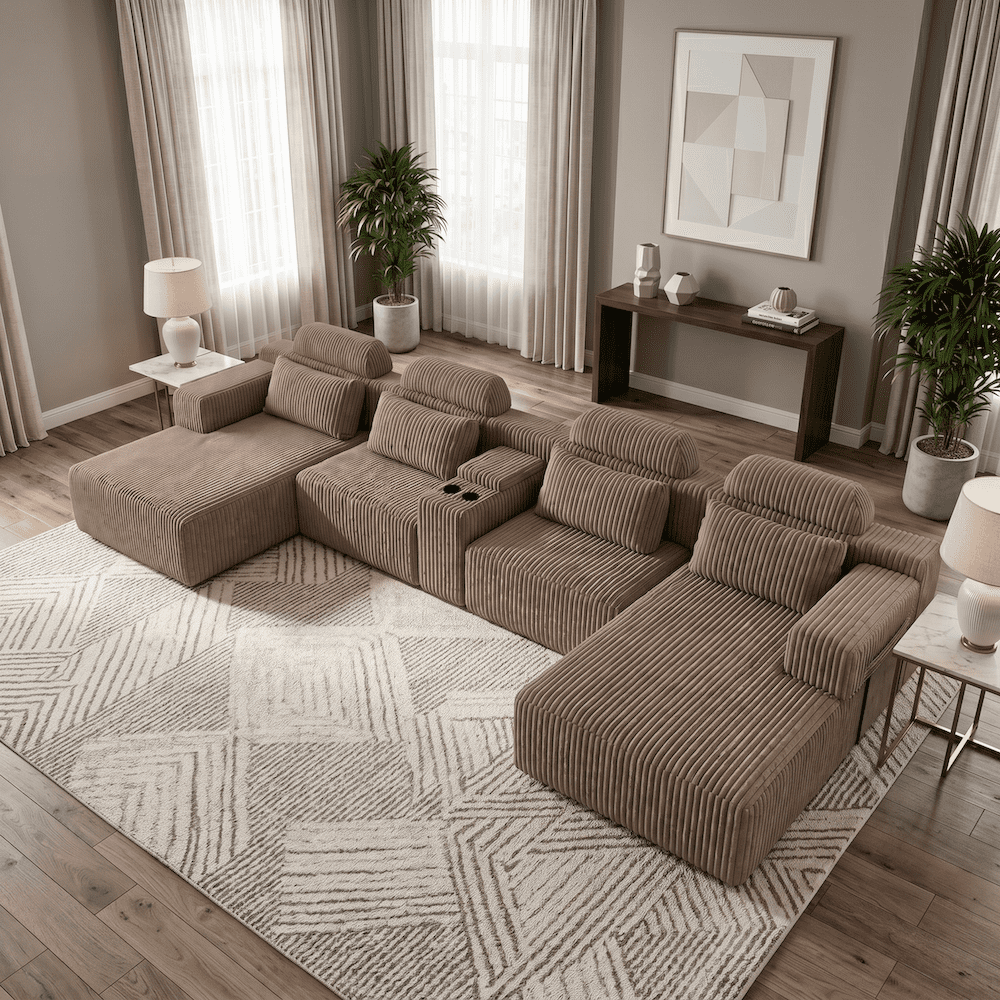 Xiweot Cloud Couch Modular Sectional Sofa, 146" Oversized 6 Seat U Shaped Convertible Couch with Chaise, Cup Holders & Storage, Corduroy Comfy Upholstered Deep Seat Sofa for Living Room, Coffee