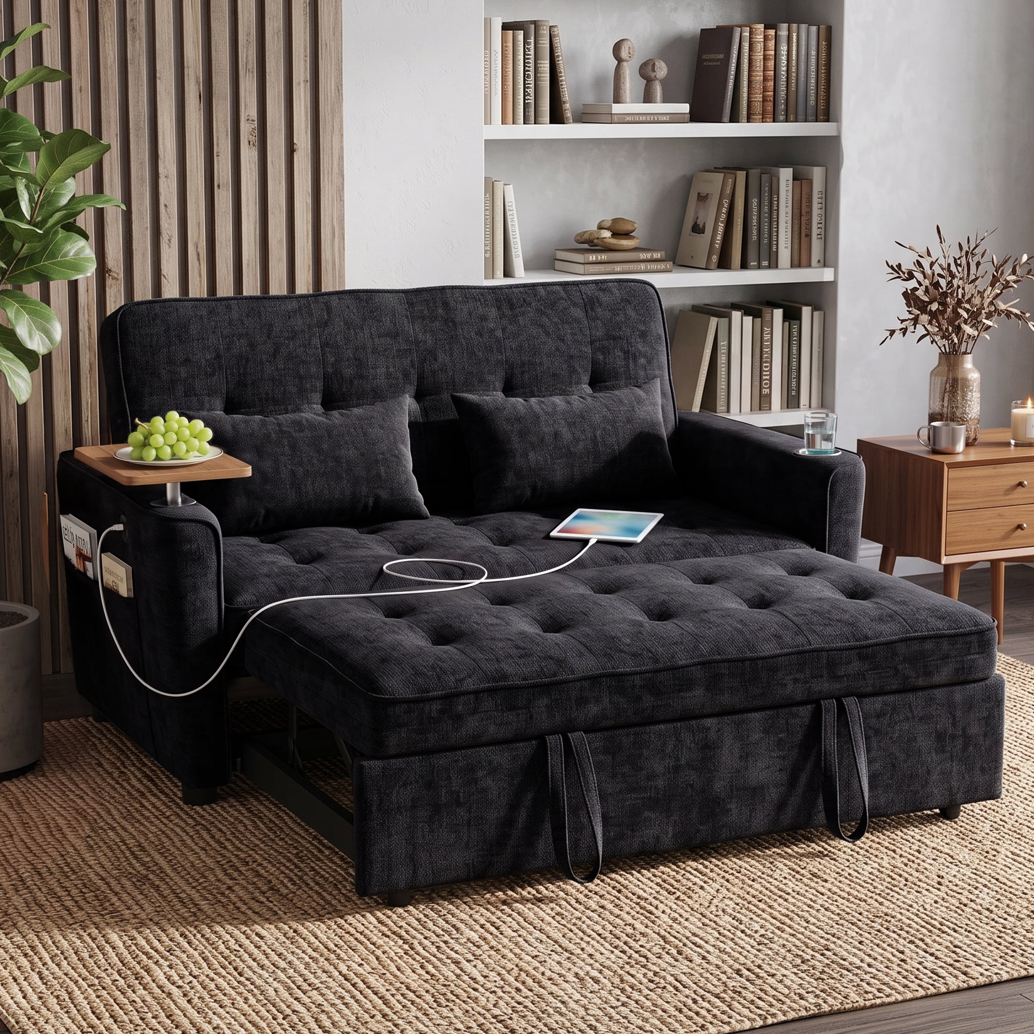 Xiweot 54" Convertible Sleeper Sofa Bed, Full Size Pull Out Couch with Adjustable Backrest, USB Ports & Cup Holder, Chenille Loveseat Sleeper for Apartment Living Room, Black