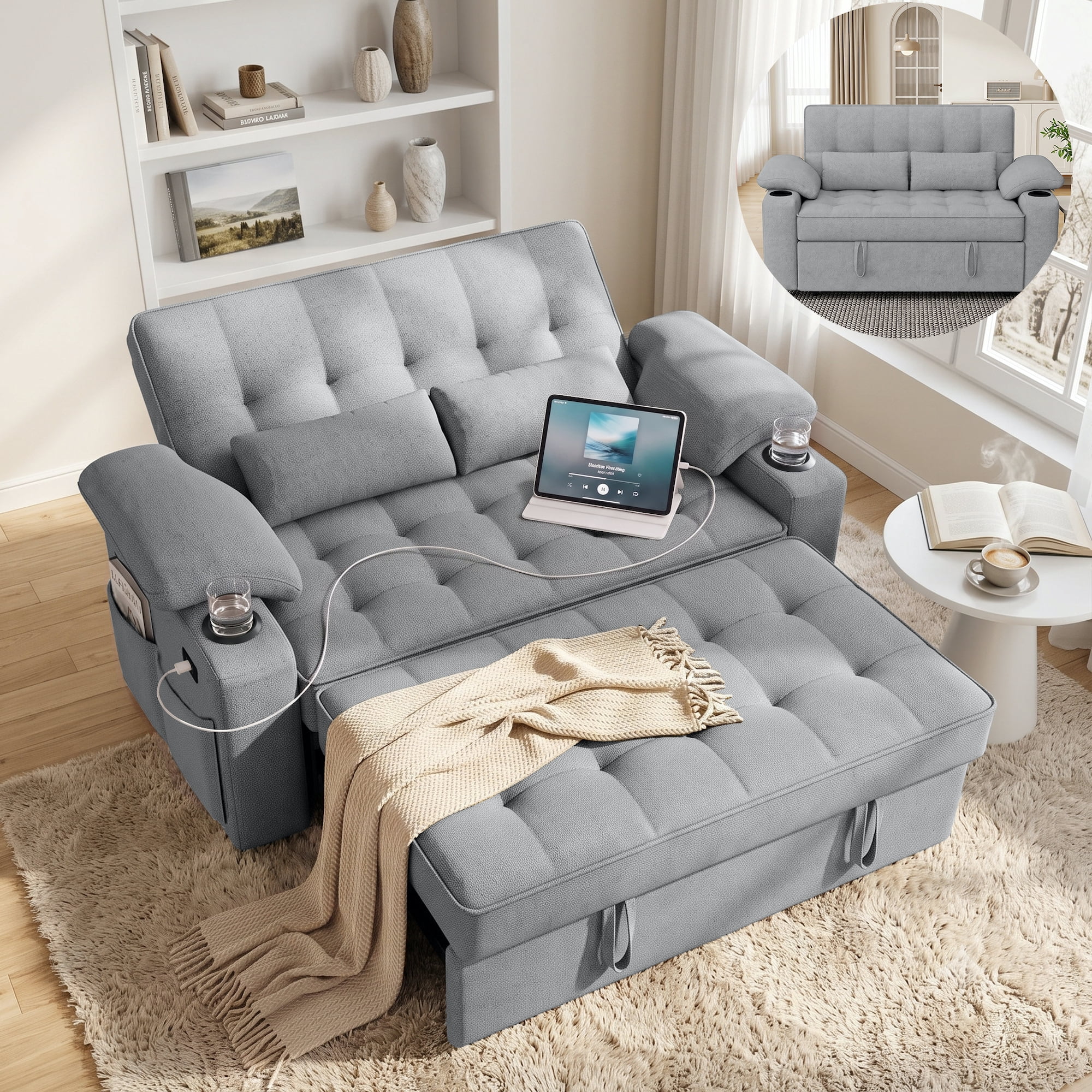 58" Sleeper Sofa Bed, Full Size Pull Out Couch, Towel Fabric Convertible Loveseat with USB Charging, Cup Holders, Adjustable Backrest & Side Pockets for Living Room, Apartment, Office (Light Gray)