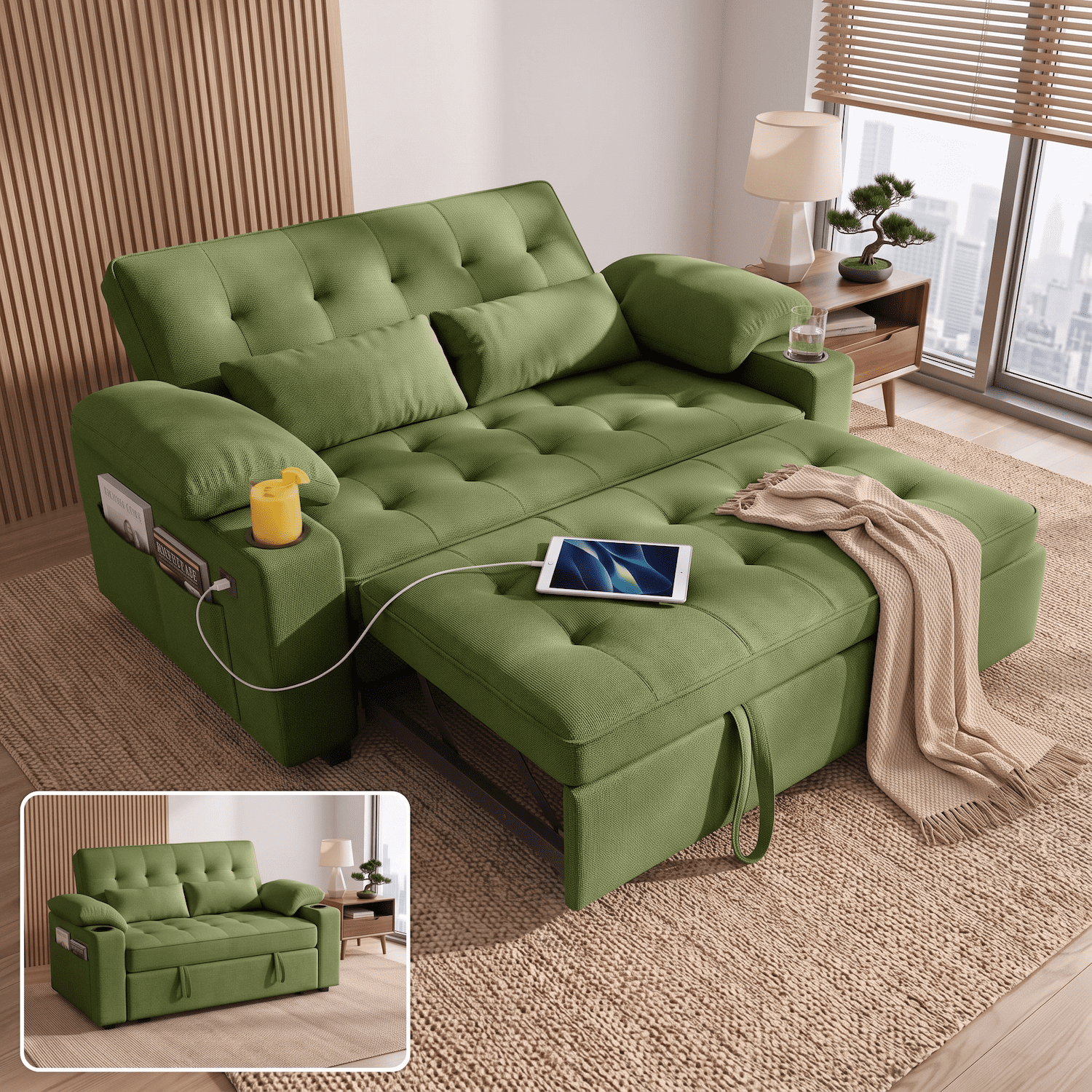 Xiweot Convertible Sleeper Sofa Bed, 58" Full Size Pull Out Couch with Cup Holders, Adjustable Backrest, USB Ports & Side Pockets, Towel Fabric Sleeper Loveseat for Living Room Apartment (Green)