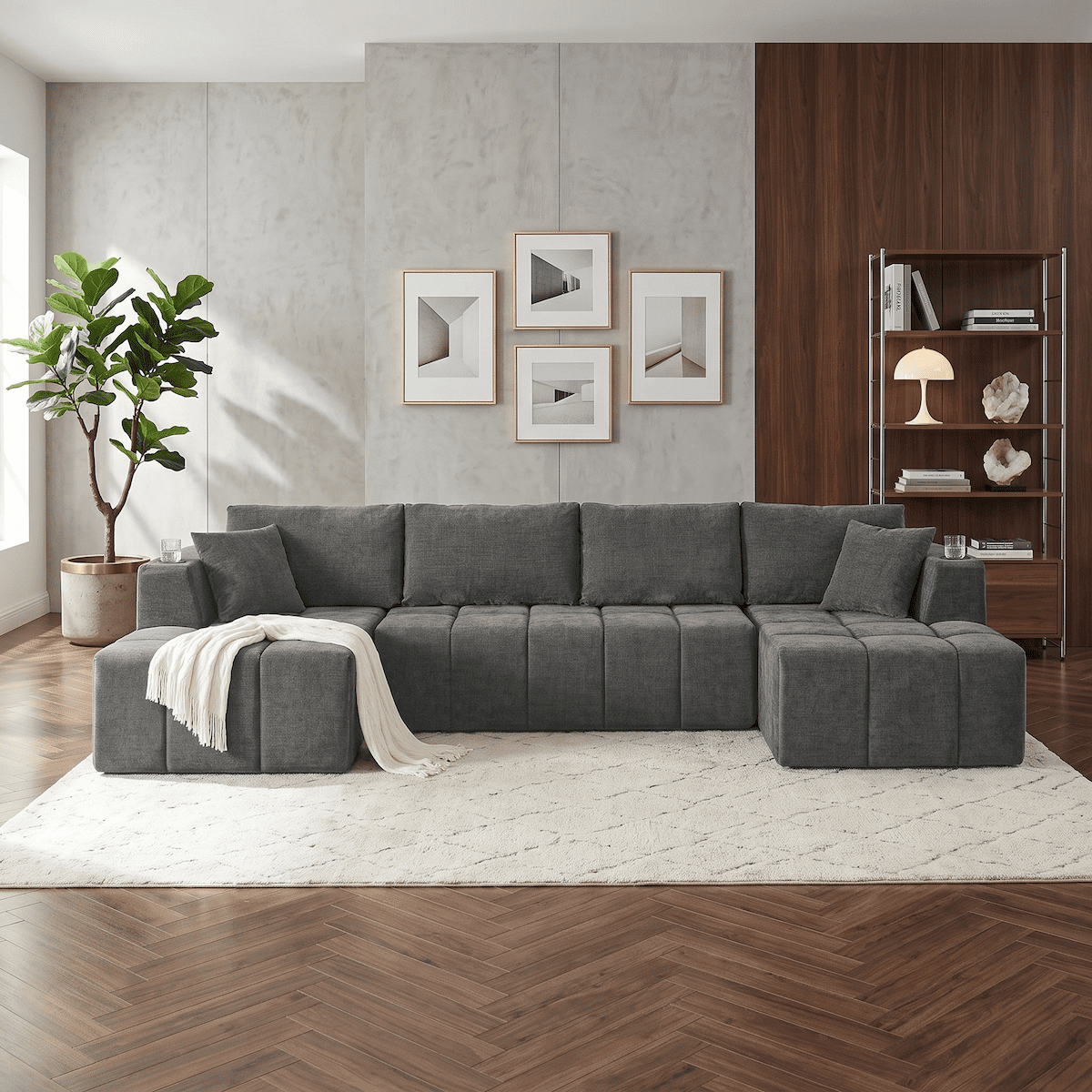 132" Modular Cloud Couch Sectional Sofa, U-Shaped Chenille Sectional with Double Chaise, Cup Holders & Side Pockets, Modern Oversized Sofa for Living Room, No Assembly, Gray