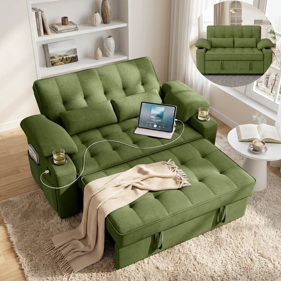 58" Sleeper Sofa Bed, Full Size Pull Out Couch, Towel Fabric Convertible Loveseat with USB Charging, Cup Holders, Adjustable Backrest & Side Pockets for Living Room, Apartment, Office (Green)
