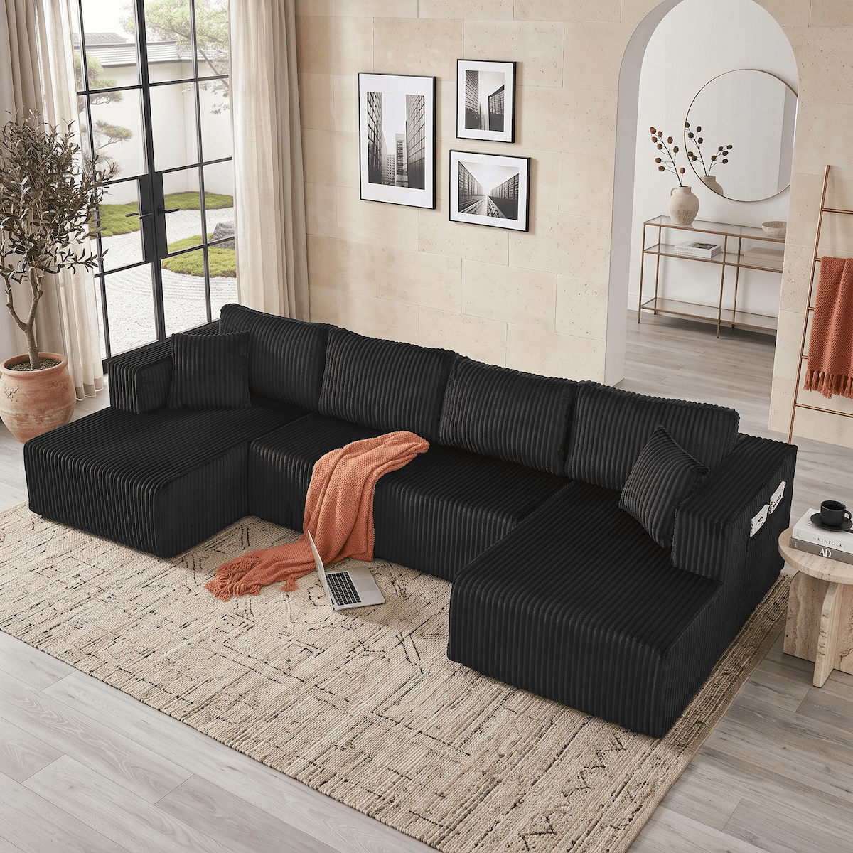 132" Cloud Couch Modular Sectional Sofa, U Shaped Sleeper Sofa Bed, Oversized Chaise, Reversible Corduroy Modular Couch for Living Room, Apartment, No Assembly (Black)