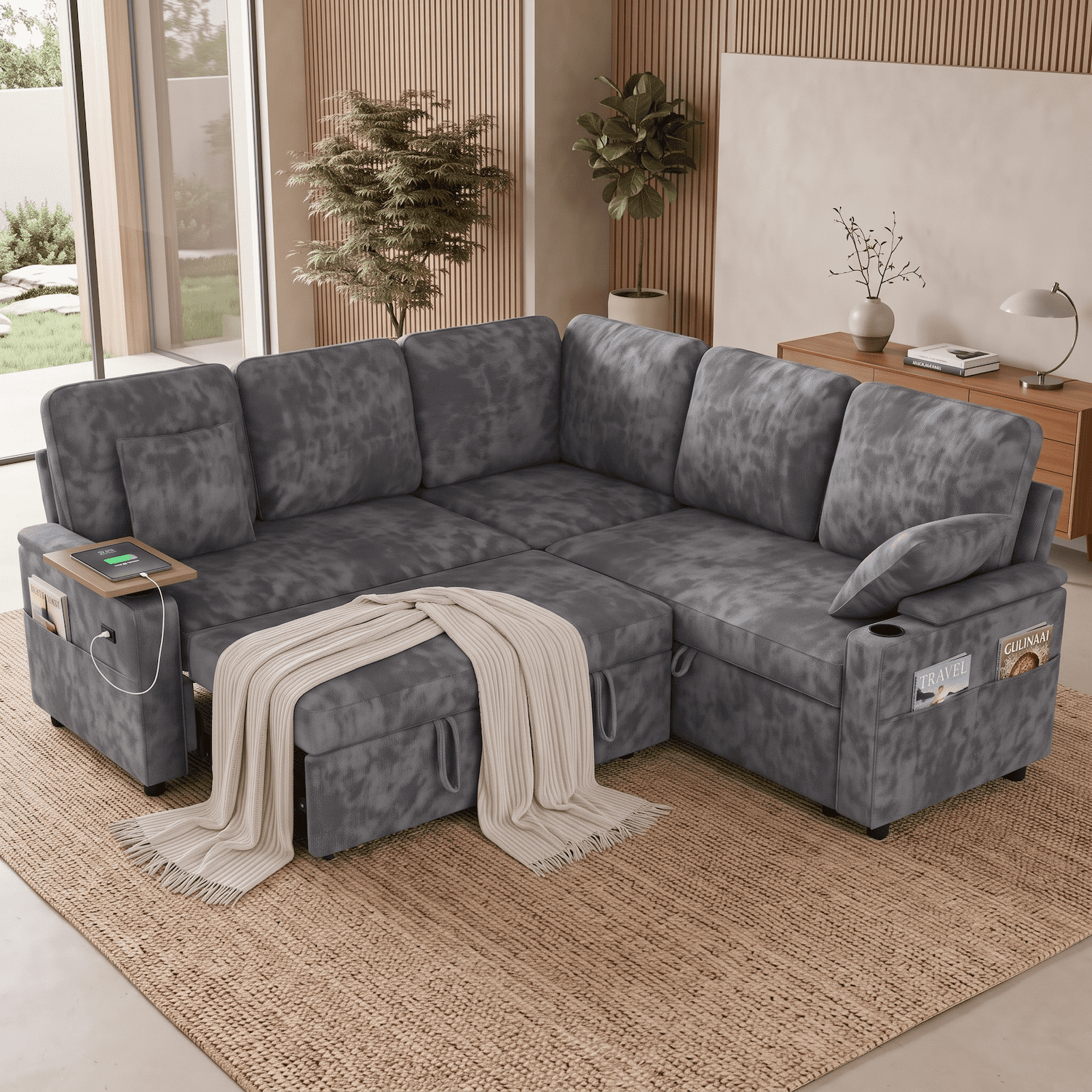 Xiweot 81" Modular Sectional Sleeper Sofa with Pull Out Couch, L Shaped Sofa Bed with Storage, Adjustable Backrest, USB Ports & Small Table, 5 Seaters Chenille Sofa for Living Room (Gray)