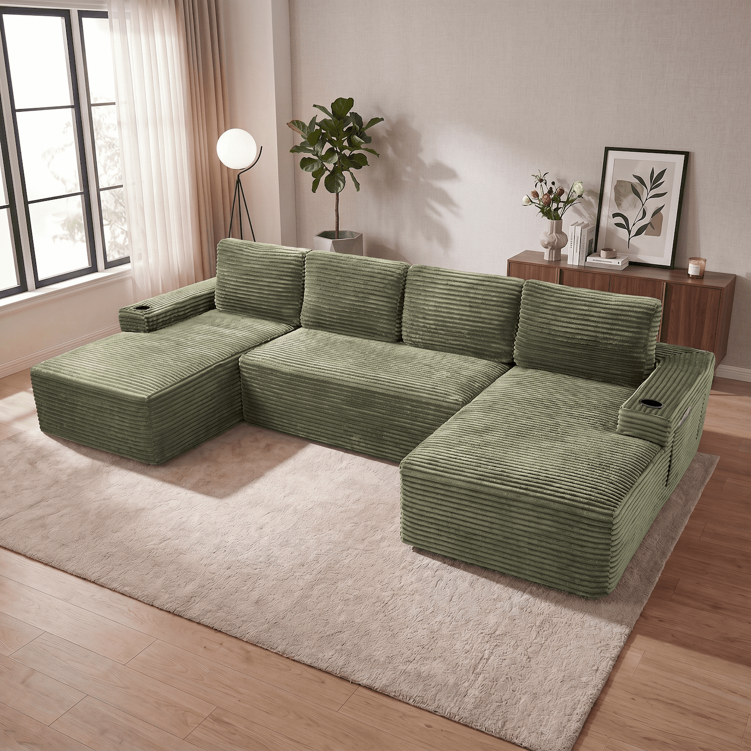Xiweot 133" Modular Sectional Couches for Living Room, Modern Boneless Sofa with 2 Chaise, Cup Holders & Side Pockets, Corduroy Comfy Upholstered Deep Seat Cloud Couch, No Assembly, Green