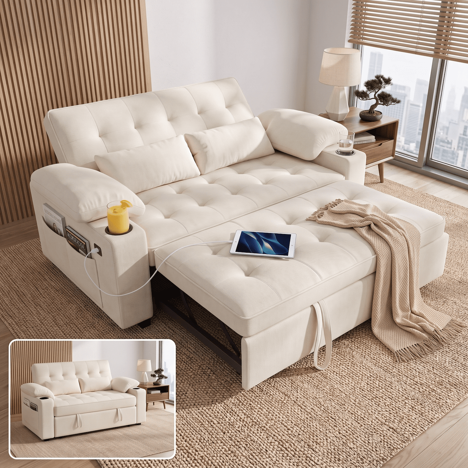 Xiweot Convertible Sleeper Sofa Bed, 58" Full Size Pull Out Couch with Cup Holders, Adjustable Backrest, USB Ports & Side Pockets, Towel Fabric Sleeper Loveseat for Living Room Apartment (Beige)
