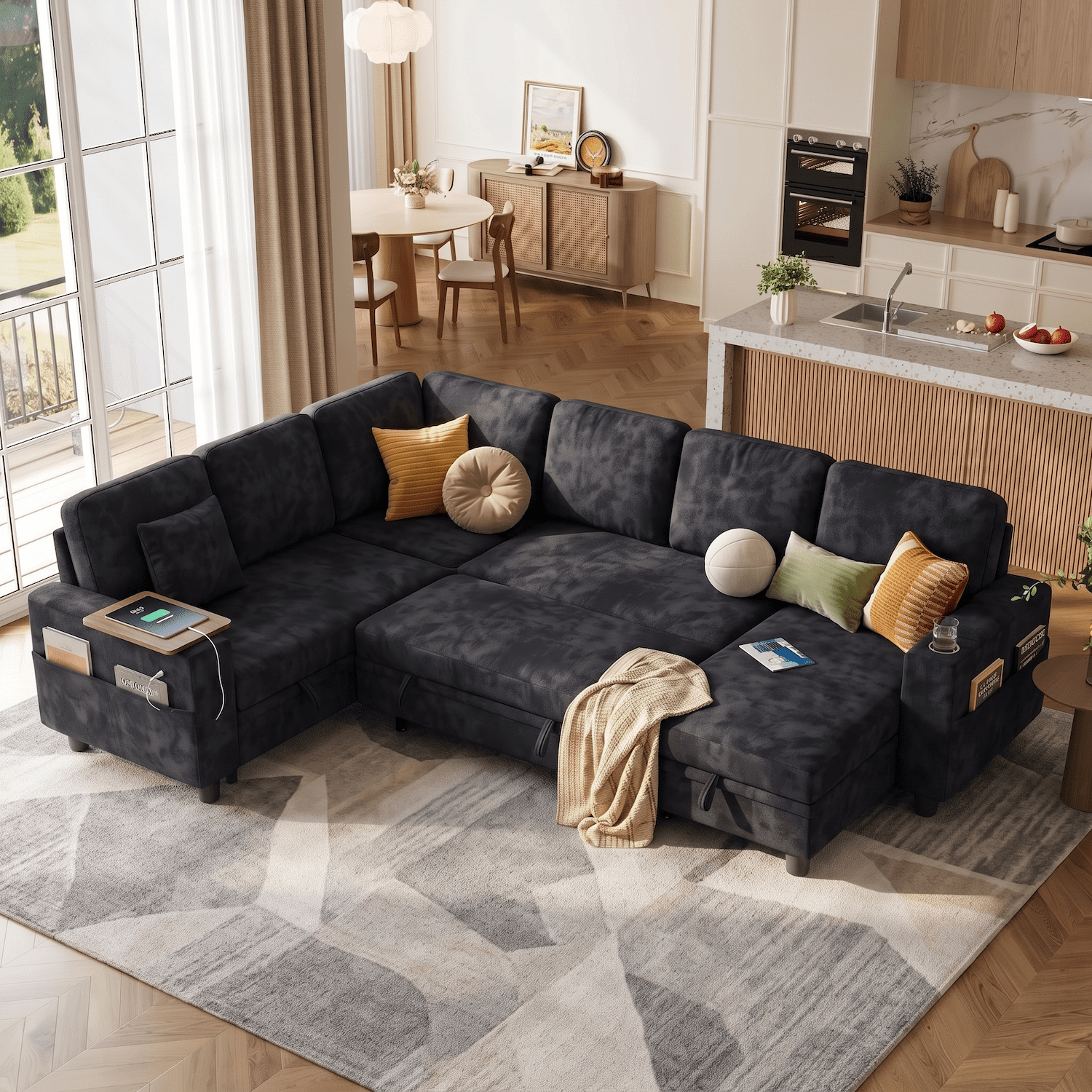 108" Sectional Sleeper Sofa Bed for Living Room, L Shaped Modular Sectional Couch with Pull Out Bed, Large 7 Seater Chenille Sofa with Storage Chaise, Charging Ports, Adjustable Backrest (Black)