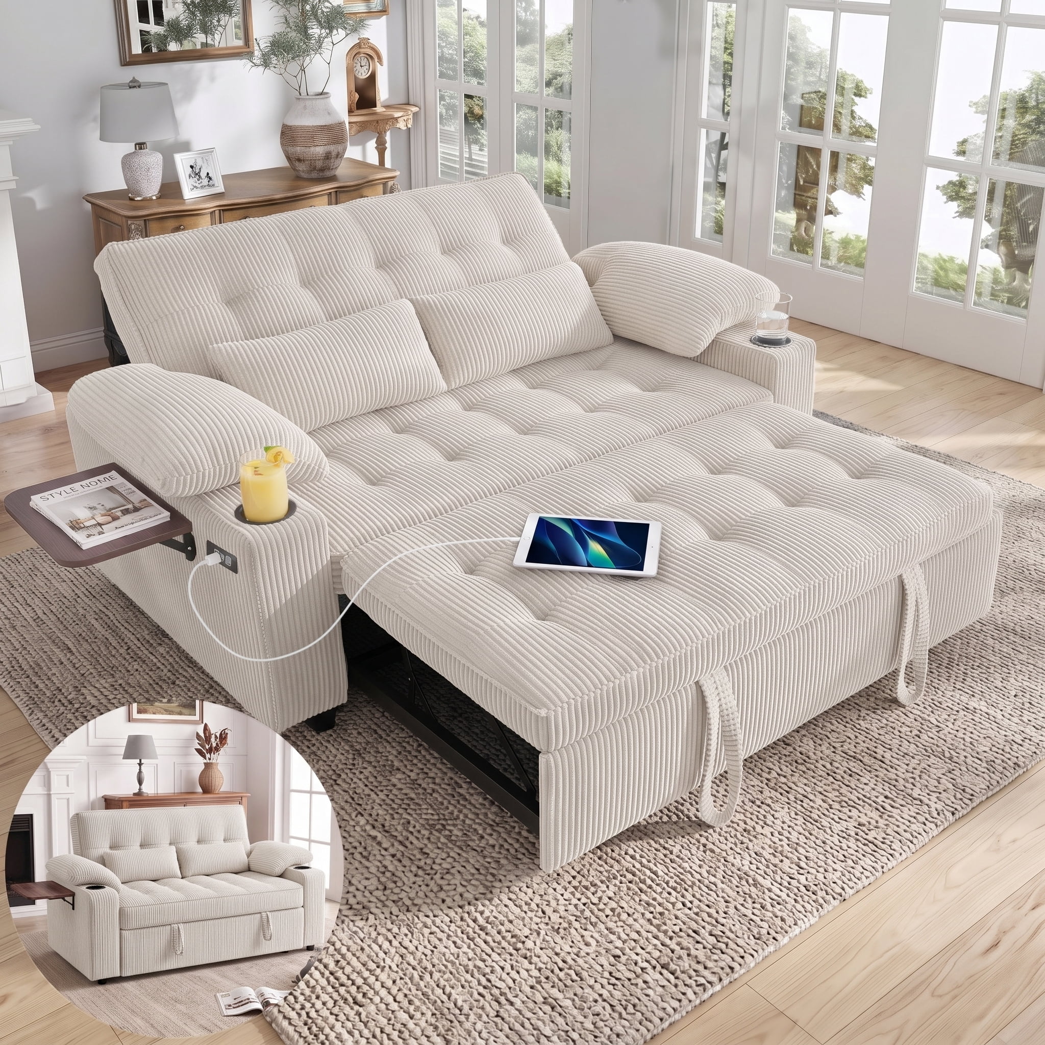 58" Sleeper Sofa Bed, Full Size Pull Out Couch, Convertible Corduroy Loveseat with USB Charging, Cup Holders, Side Table, Adjustable Backrest, Side Pockets for Living Room, Apartment, Office (Beige)
