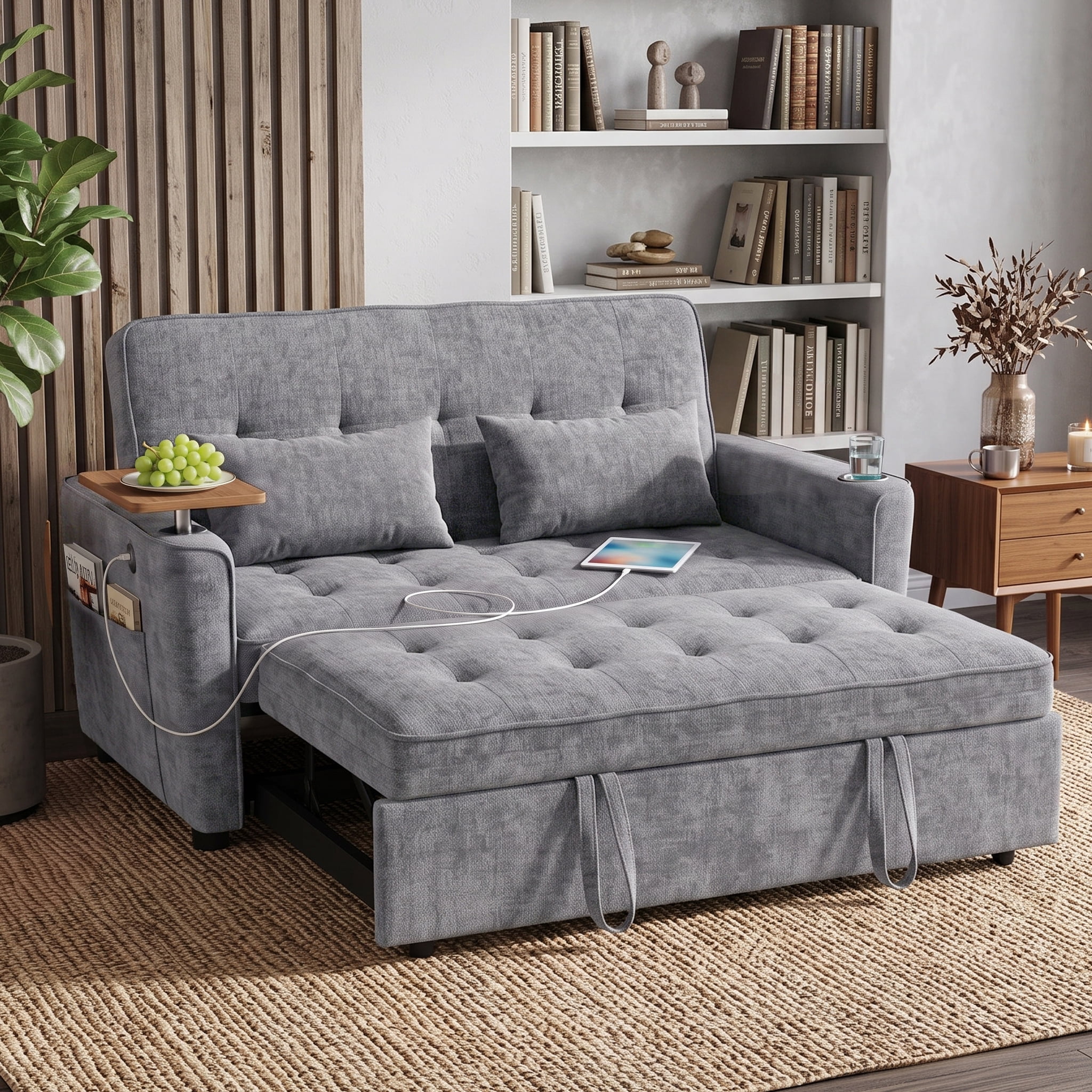 Xiweot 54" Convertible Sleeper Sofa Bed, Full Size Pull Out Couch with Adjustable Backrest, USB Ports & Cup Holder, Chenille Loveseat Sleeper for Apartment Living Room, Light Gray